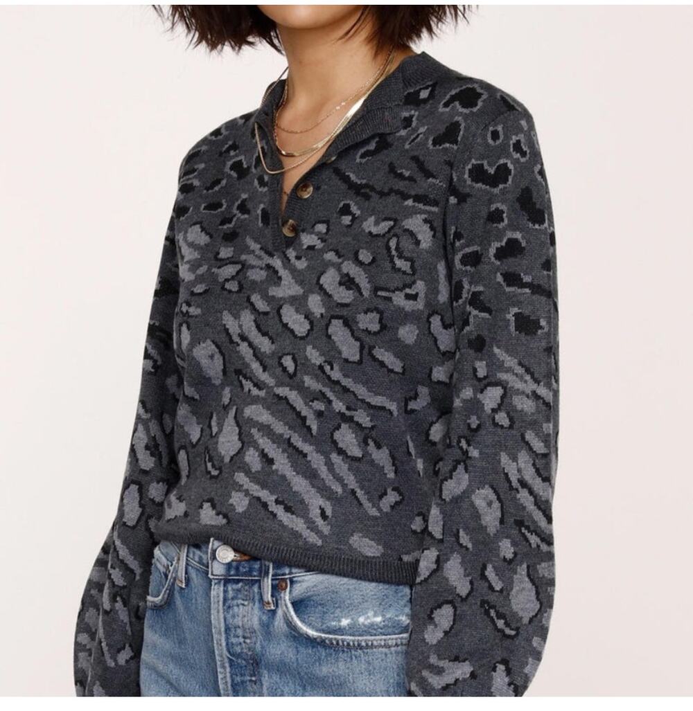 Heartloom Natalia Animal Print Sweater Gray Button Detail S